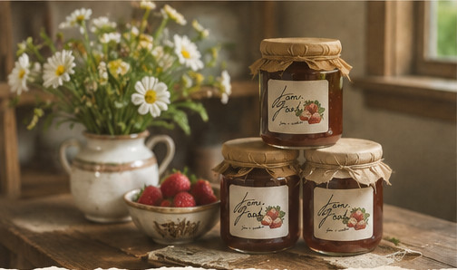 Three jars of Jamn Good strawberry jam stacked on a rustic kitchen table beside a vase of daisies and a bowl of strawberries